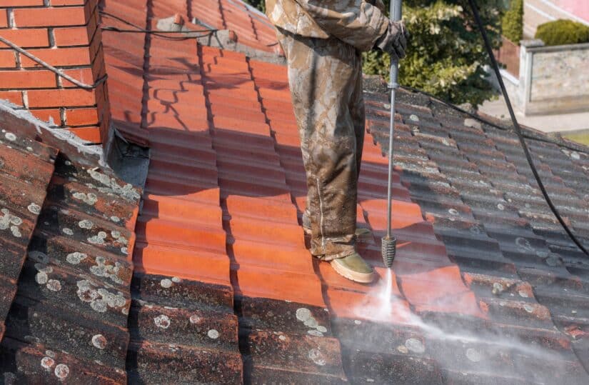 Person Cleaning Roof Tiles With A Pressue Cleaning Device